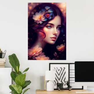 Elegant Lady With Orange Pink Blue Flowers Poster