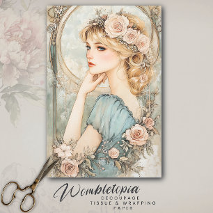 Elegant Lady with Pink Roses Vintage Decoupage Tissue Paper