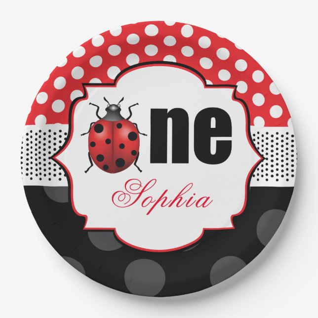 Elegant Ladybug First Birthday Personalised Paper Plate (Front)