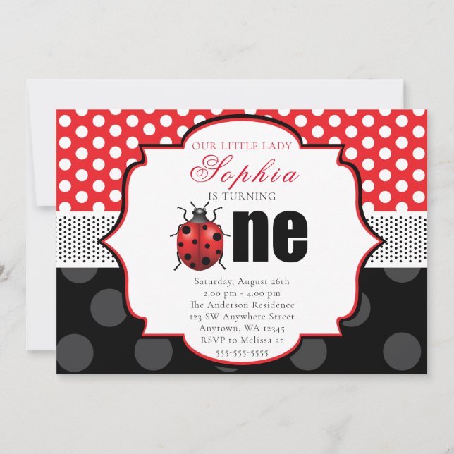 Elegant Ladybug Polka dot First Birthday Invitation (Front)