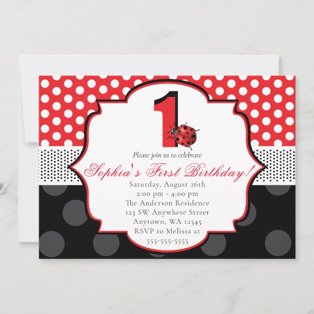 Elegant Ladybug Polka dot First Birthday Invitation (Front)