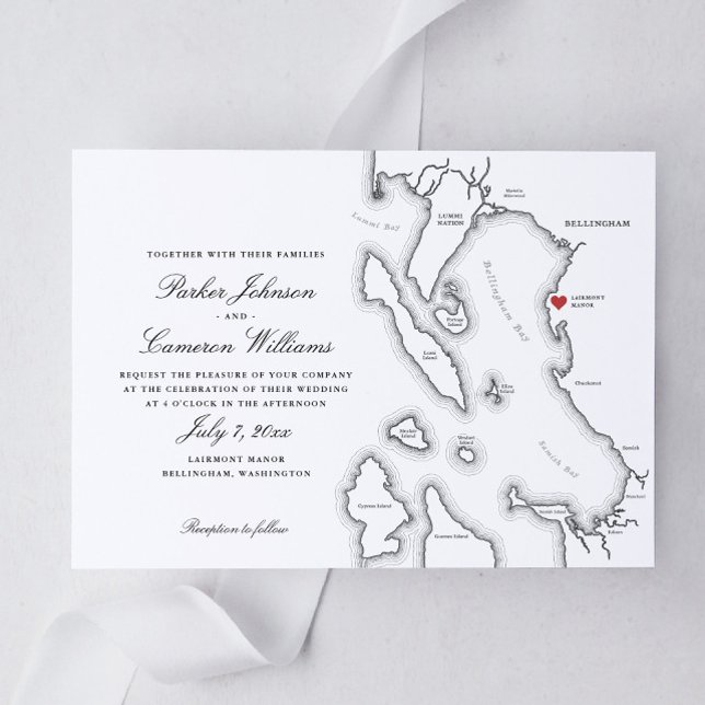 Elegant Lairmont Manor Bellingham Map Wedding Invitation (Elegant Bellingham Washington Lairmont Manor Wedding Invitation in black and white)