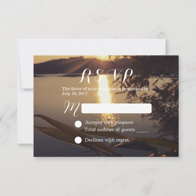 Elegant Lake Sunset Wedding RSVP Card (Front)