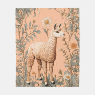 Elegant Lama and Daisy Flowers On Peach Fleece Blanket