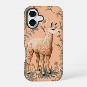 Elegant Lama and Daisy Flowers On Peach iPhone 16 Case