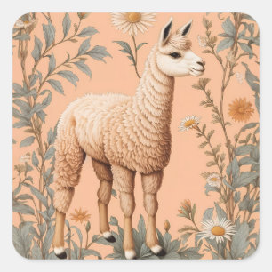 Elegant Lama and Daisy Flowers On Peach Square Sticker