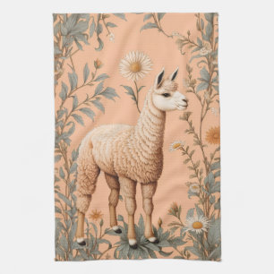Elegant Lama and Daisy Flowers On Peach Tea Towel