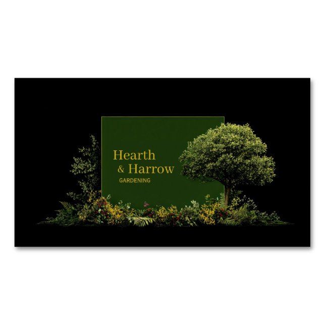 Elegant Landscape Tree Black Gold Frame Botanical Magnetic Business Card (Front)