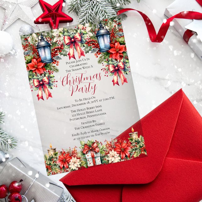 Elegant Lanterns | Candles Floral Christmas Party Acrylic Invitations (Vintage Elegant Lanterns and Candles, Poinsettias, Holly and Berries Floral Christmas Party Invite)