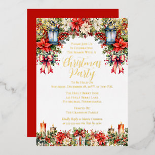 Elegant Lanterns   Candles Floral Christmas Party Foil Holiday Card