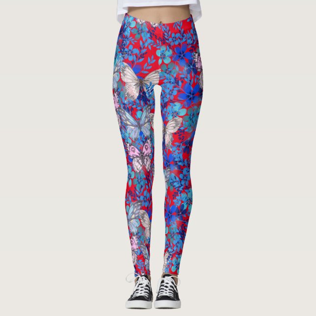 Elegant Large Colourful Butterflies Flowers on Red Leggings (Front)