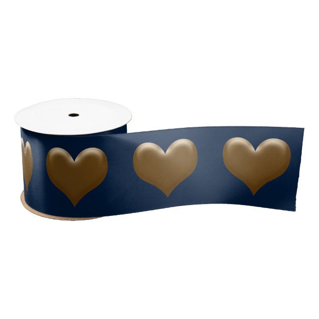 Elegant Large Heart of Gold Brushed Gold Blue Satin Ribbon (Spool)