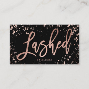 Elegant lashed script rose gold confetti splatters business card