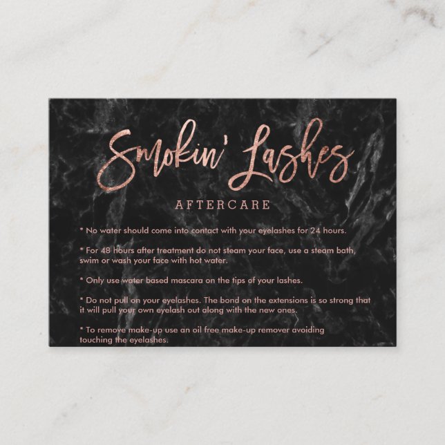 Elegant lashes aftercare rose gold black marble business card (Front)