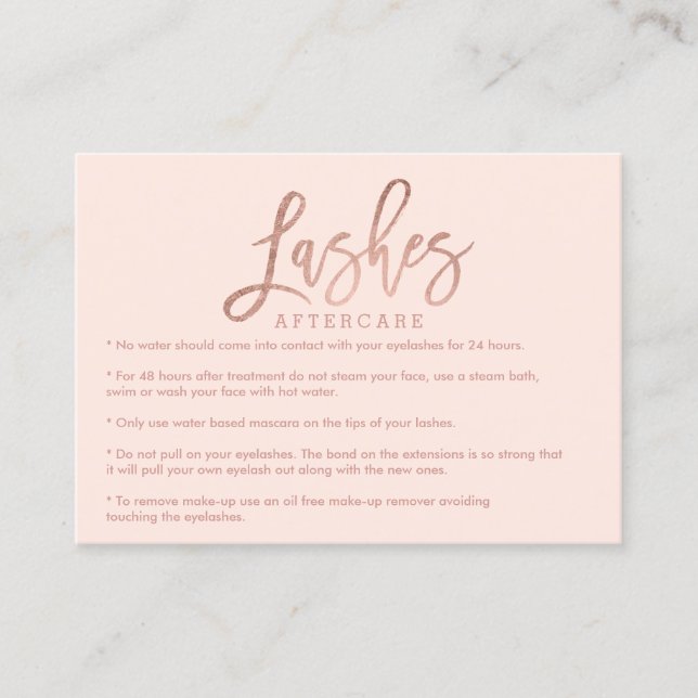 Elegant lashes aftercare rose gold blush pink business card (Front)