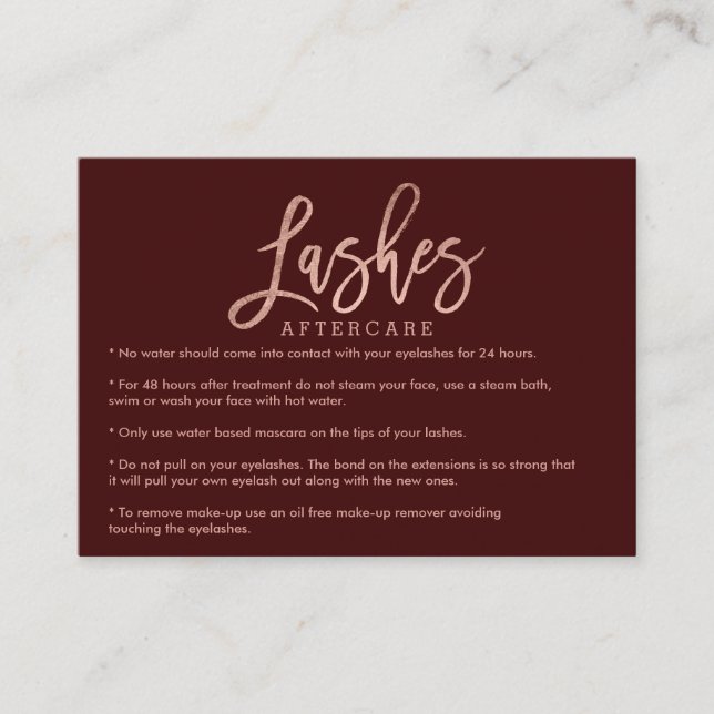 Elegant lashes aftercare rose gold burgundy business card (Front)
