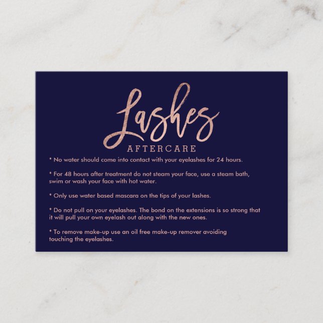 Elegant lashes aftercare rose gold navy blue business card (Front)