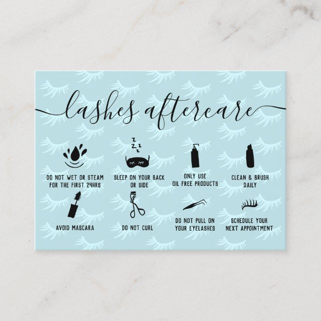 Elegant lashes aftercare teal blue illustrations business card (Front)