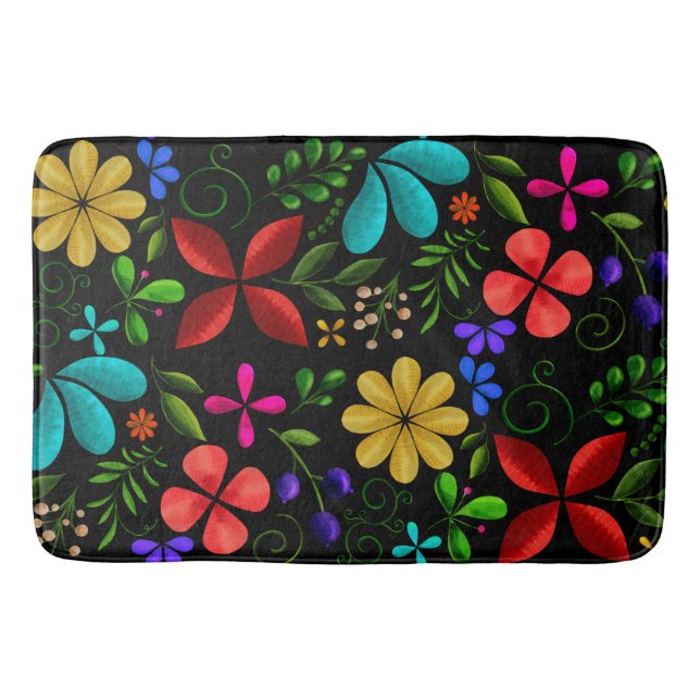 Elegant Latin American Folk Floral Black Bath Mat (Front)