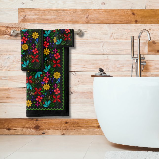 Elegant Latin American Folk Floral | Black Bath Towel Set (Creator Uploaded)