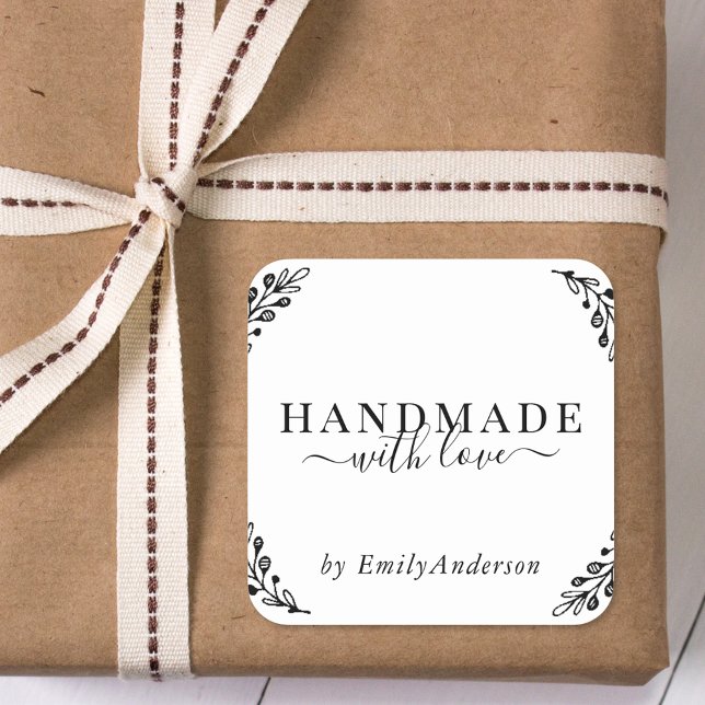 Elegant Laurel Handmade with Love Business Product Square Sticker (Creator Uploaded)
