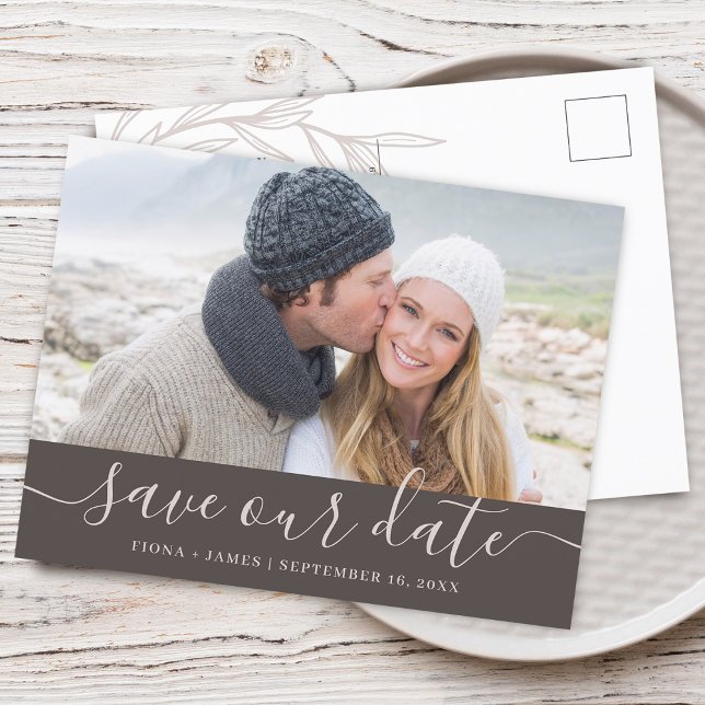 Elegant Laurel Leaf Photo Save Our Date Announcement Postcard (Elegant Laurel Leaf Photo Save Our Date Announcement Postcard)