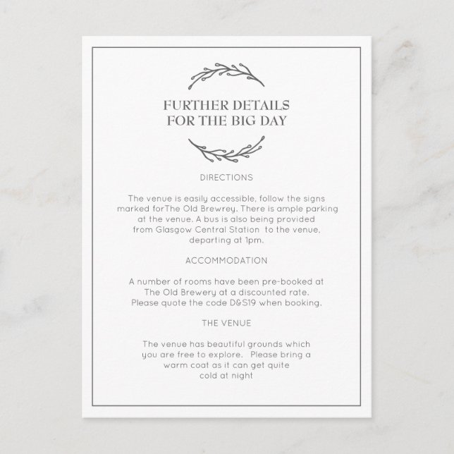 Elegant Laurel Leaf Wedding Information Postcard (Front)