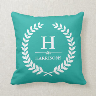 Elegant Laurel Wreath Decor Teal Green Monogram Cushion