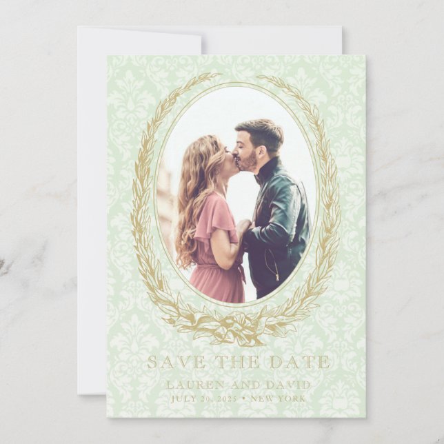 Elegant Laurel Wreath | Green Damask Photo Save The Date (Front)
