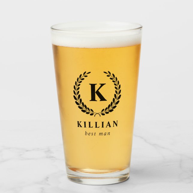 Elegant Laurel Wreath Monogram Best Man Glass (Front Filled)