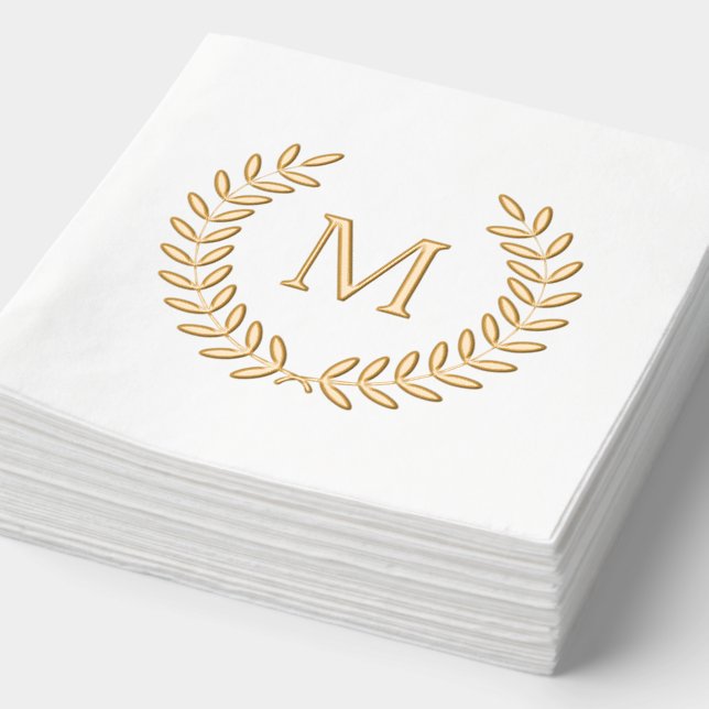 Elegant Laurel Wreath Monogram Family Wedding Foil Napkins (Detail)