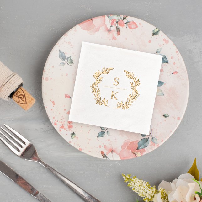 Elegant Laurel Wreath Monogram Wedding Foil Napkins (Creator Uploaded)