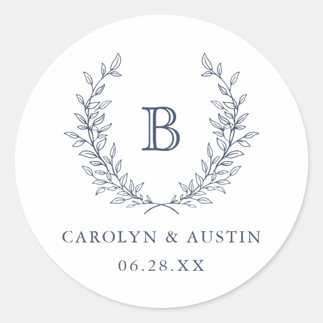 Elegant Laurel Wreath Wedding Monogram Envelope Classic Round Sticker (Front)