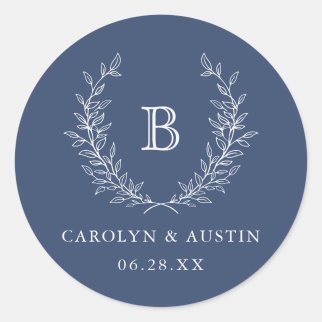 Elegant Laurel Wreath Wedding Monogram Navy Blue Classic Round Sticker (Front)