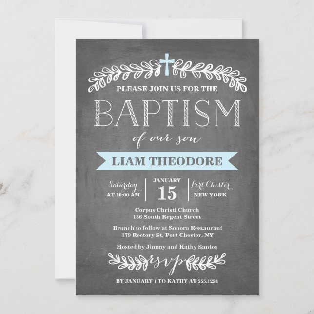 Elegant Laurels Blue | Baptism Invitation (Front)