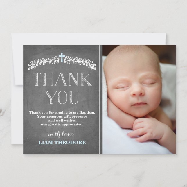 Elegant Laurels Blue | Baptism Photo Thank You Card (Front)