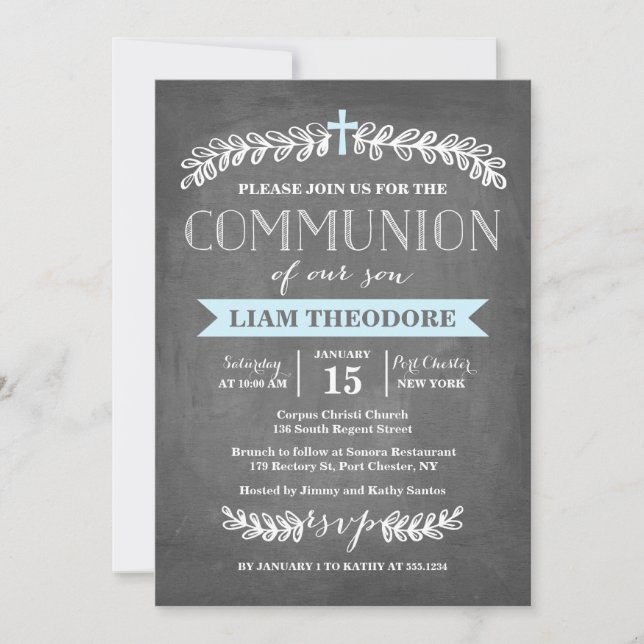 Elegant Laurels Blue | Communion Invitation (Front)
