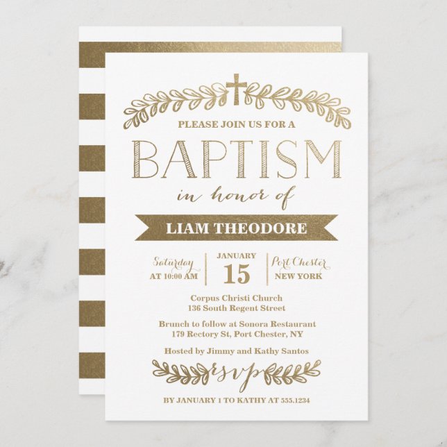 Elegant Laurels Gold | Baptism Invitation (Front/Back)
