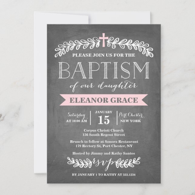Elegant Laurels Pink | Baptism Invitation (Front)