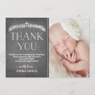 Elegant Laurels Pink Baptism Photo Thank You Card