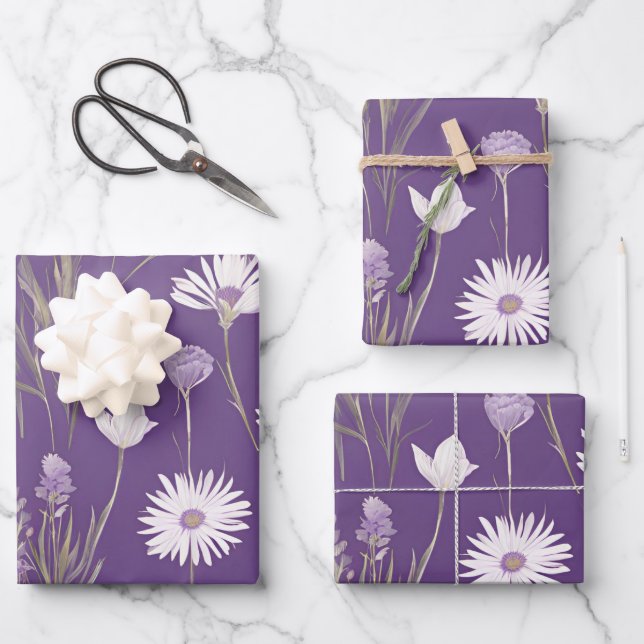 Elegant Lavendar White Boho Wildflower Floral Wrapping Paper Sheet (Front)