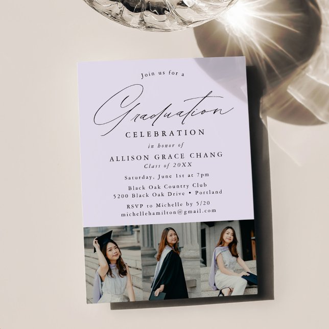 Elegant Lavender 3 Photo Graduation Party Invitation (Creator Uploaded)