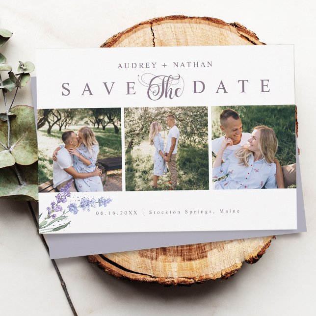Elegant Lavender 3 Photo Save The Date (Elegant Lavender 3 Photo Save The Date Card)