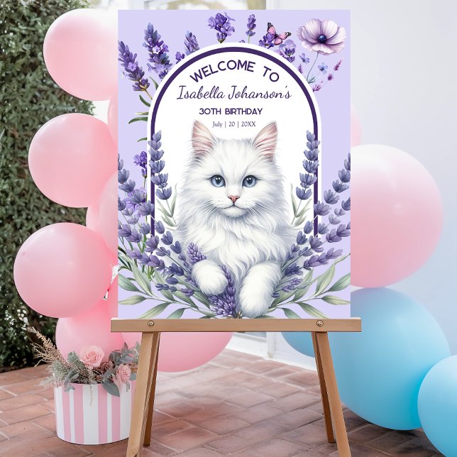 Elegant Lavender and Cat Birthday Acrylic Sign (Creator Uploaded)