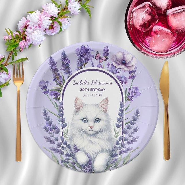 Elegant Lavender and Cat Birthday Paper Plate (Creator Uploaded)