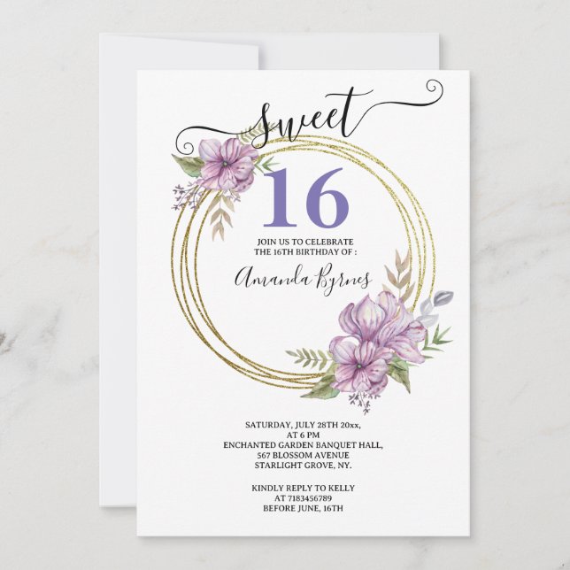 Elegant Lavender and Gold Sweet 16 Floral Circle Invitation (Front)