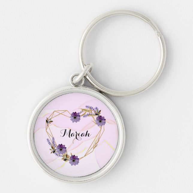 Elegant Lavender and Lilac Floral Heart Key Ring (Front)