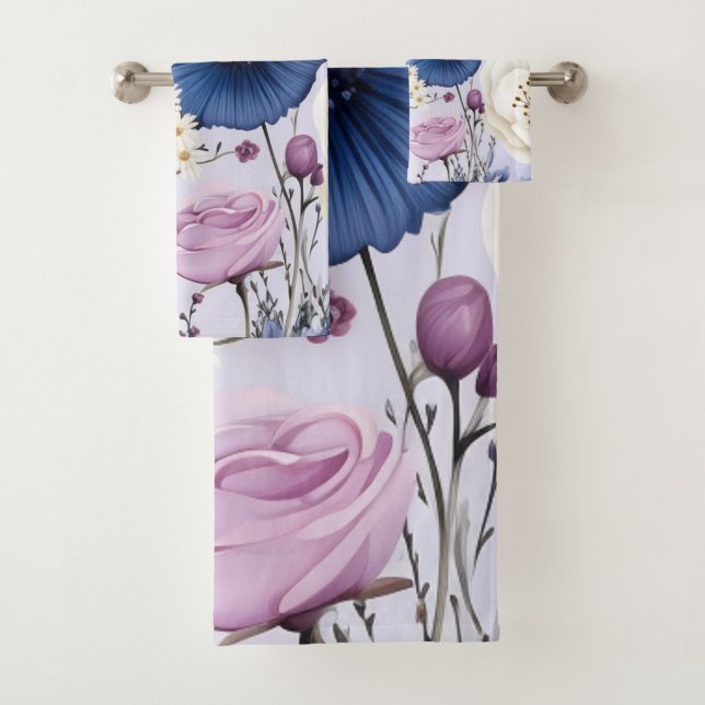 Elegant Lavender Blue White Flower Garden Floral  Bath Towel Set (Insitu)