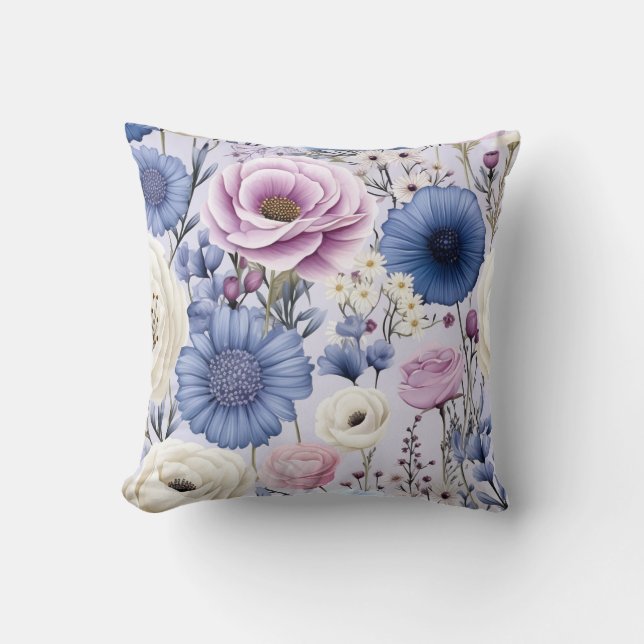 Elegant Lavender Blue White Flower Garden Floral  Cushion (Front)