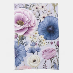 Elegant Lavender Blue White Flower Garden Floral  Tea Towel